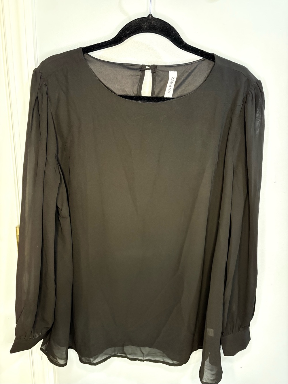 Zenana Black Sheer Long-Sleeve Blouse with Rounded Neckline